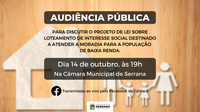 Dia 14/10, às 19h - Audiência Pública sobre o Projeto de Lei que trata da implantação de loteamento de interesse social.